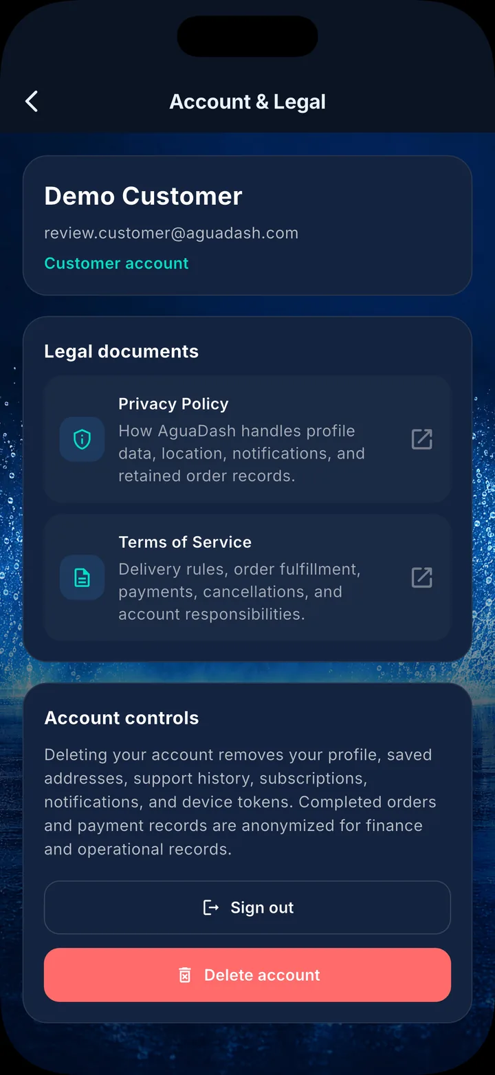 AguaDash in-app Account & Legal screen showing Privacy, Terms, Sign out, and Delete account