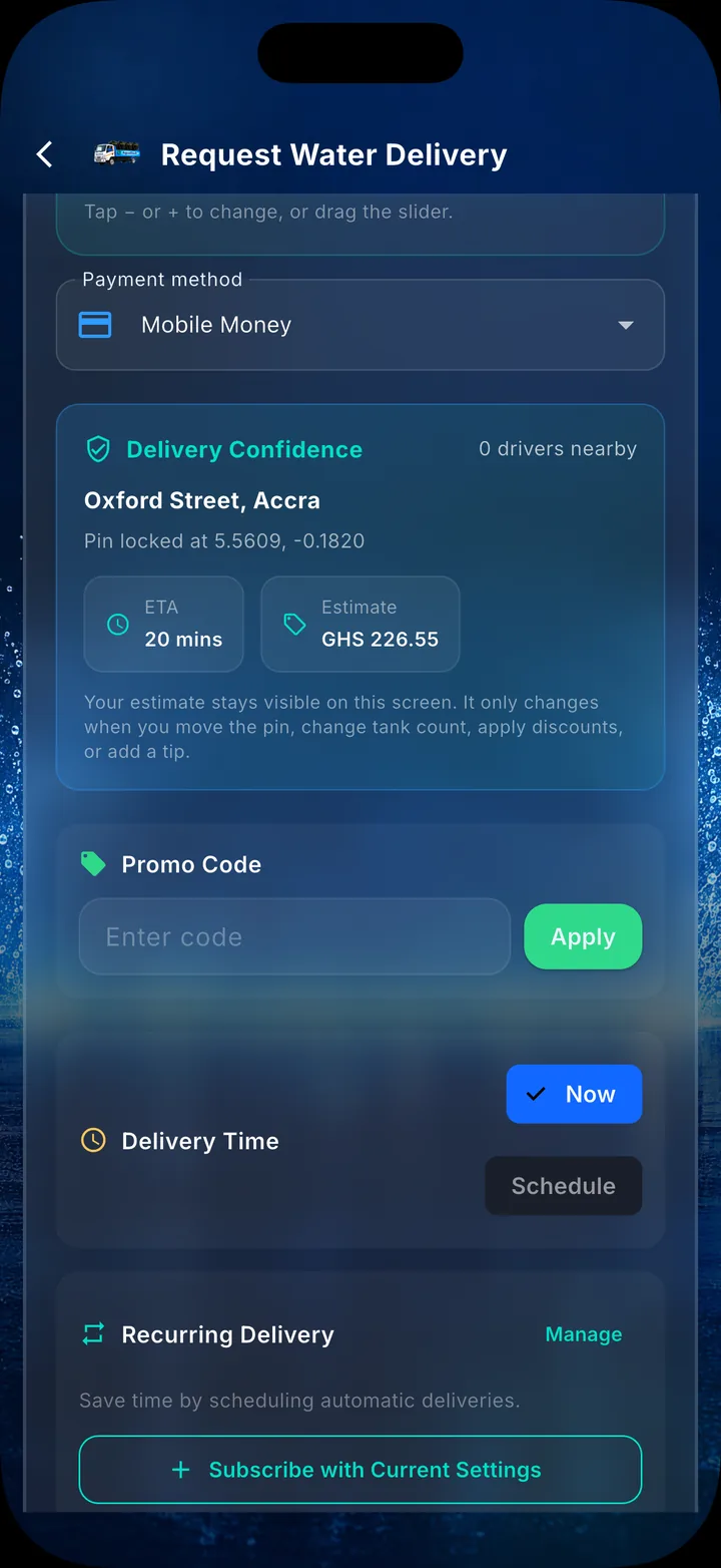 AguaDash order screen showing the locked pin, ETA and price estimate before booking