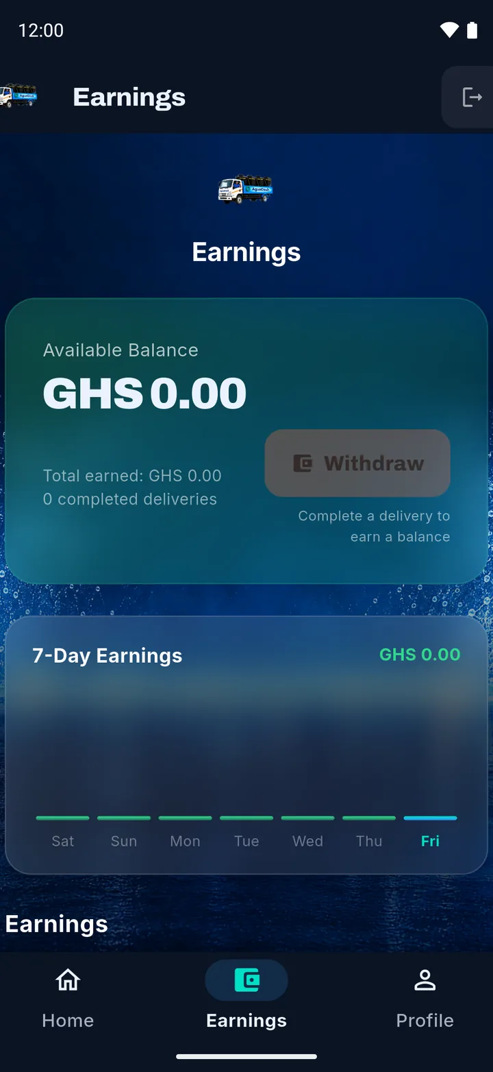 AguaDash driver earnings screen with available balance, 7-day chart and withdraw button