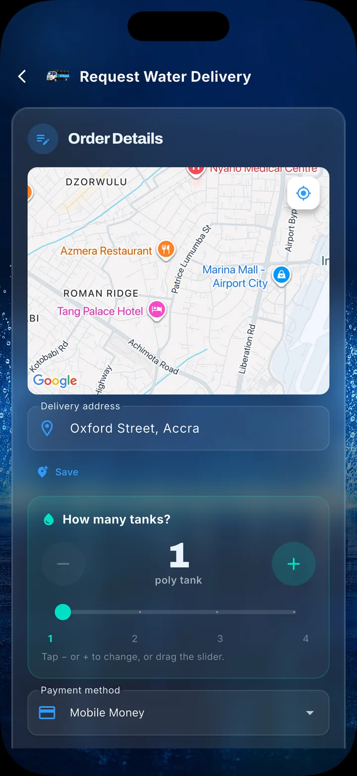 AguaDash order screen with a map pin in Accra, tank count slider and payment method