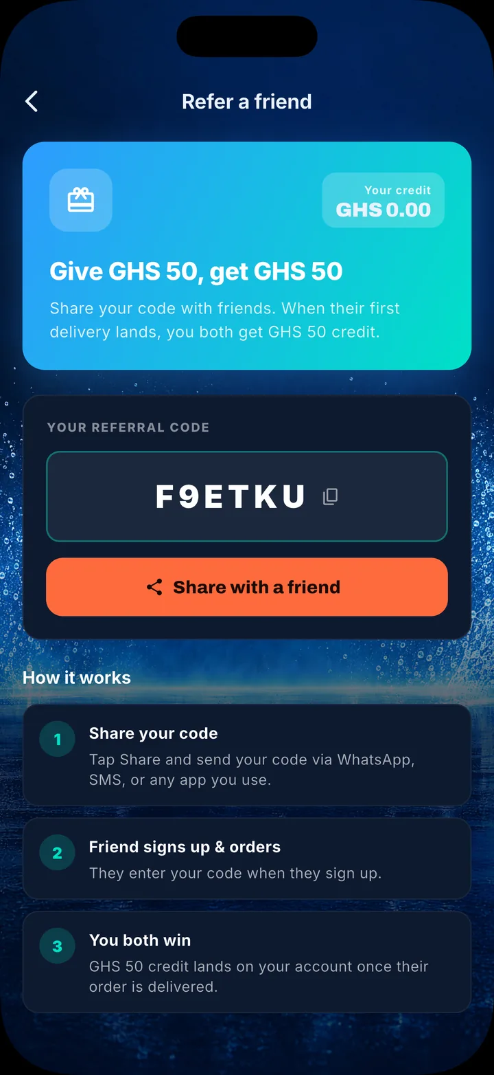 AguaDash Refer a friend screen: give GHS 50, get GHS 50