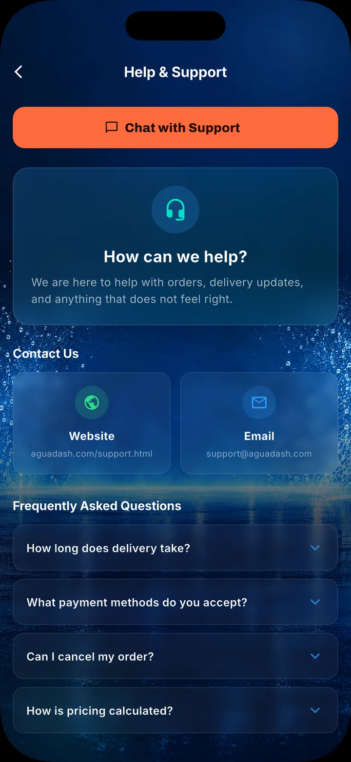 AguaDash Help and Support screen with Chat with Support and FAQ