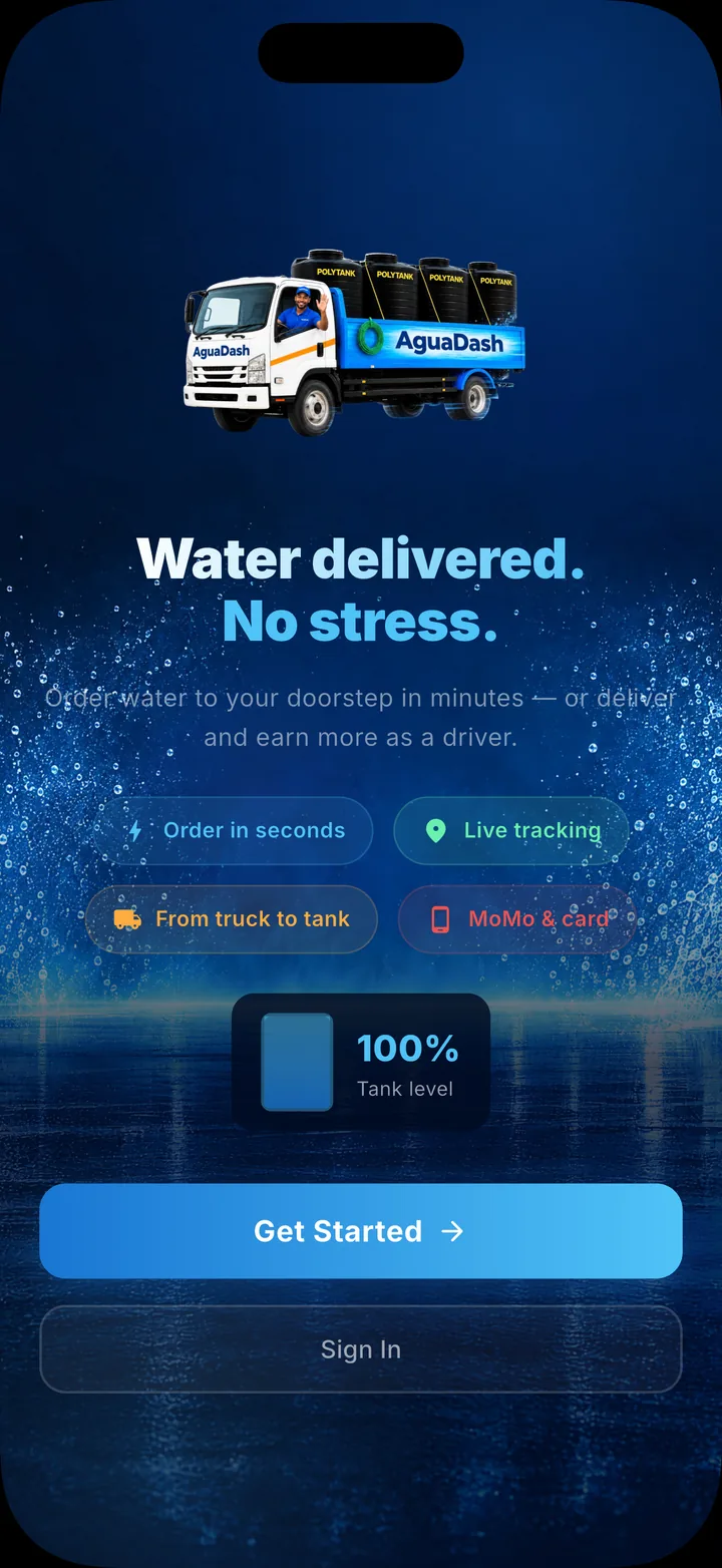 AguaDash welcome screen with the truck logo and Get Started button