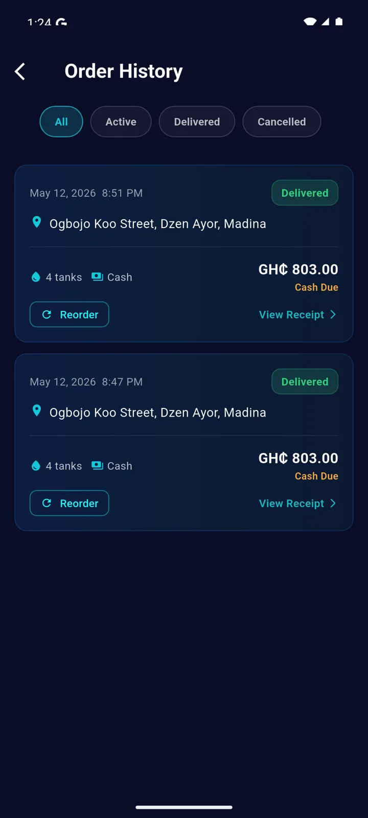 AguaDash in-app Account & Legal screen showing Privacy, Terms, Sign out, and Delete account