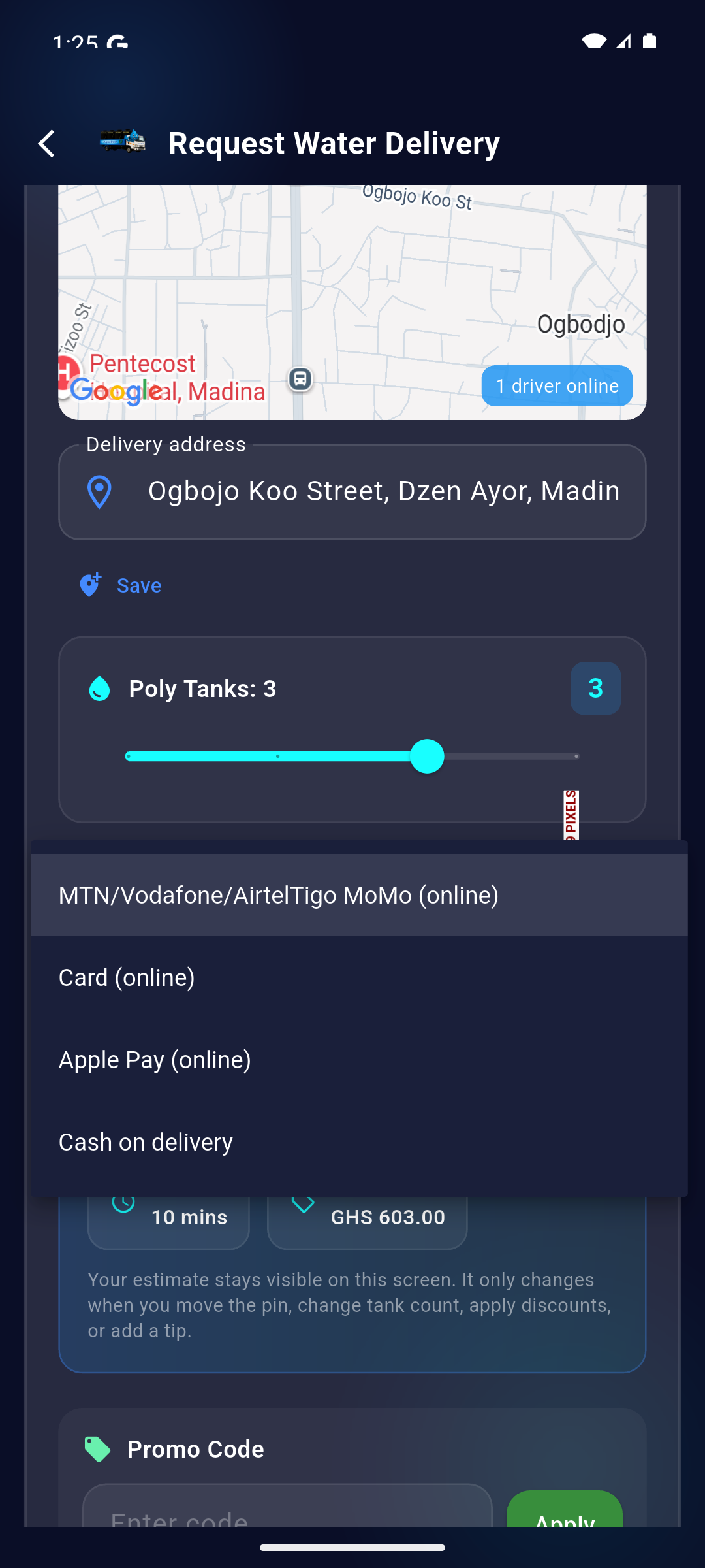 AguaDash booking screen showing Mobile Money, card, Apple Pay and cash payment options