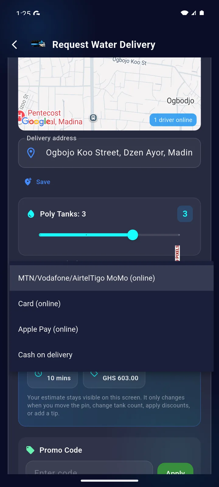 AguaDash booking screen showing Mobile Money, card, Apple Pay and cash payment options