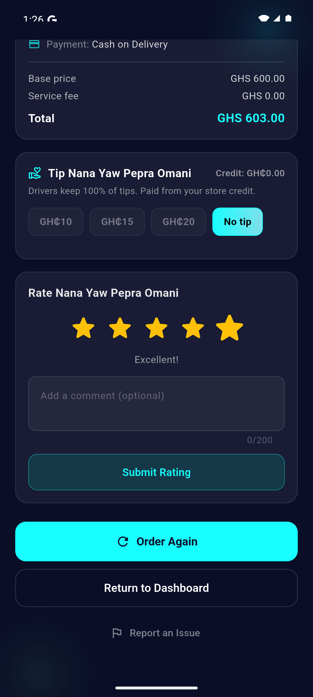 AguaDash delivery complete screen with order summary, tip and rating