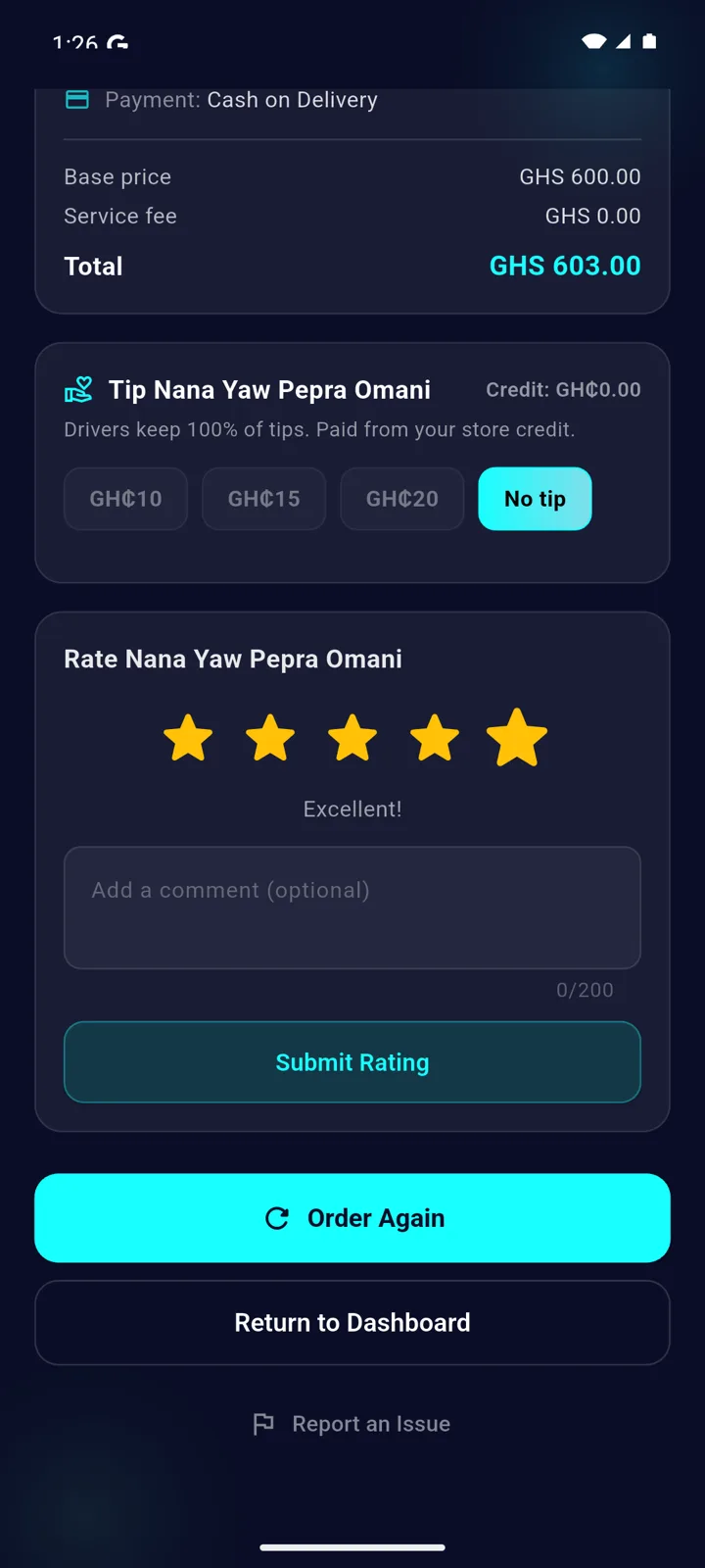 AguaDash delivery complete screen with order summary, tip and rating