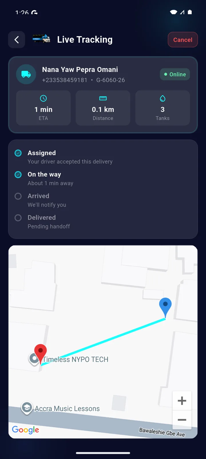 AguaDash live tracking screen — driver assigned, route on map, 1 min ETA