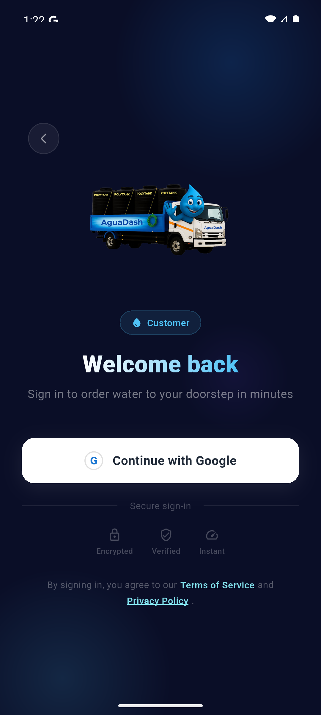 AguaDash customer sign-in screen with Continue with Google