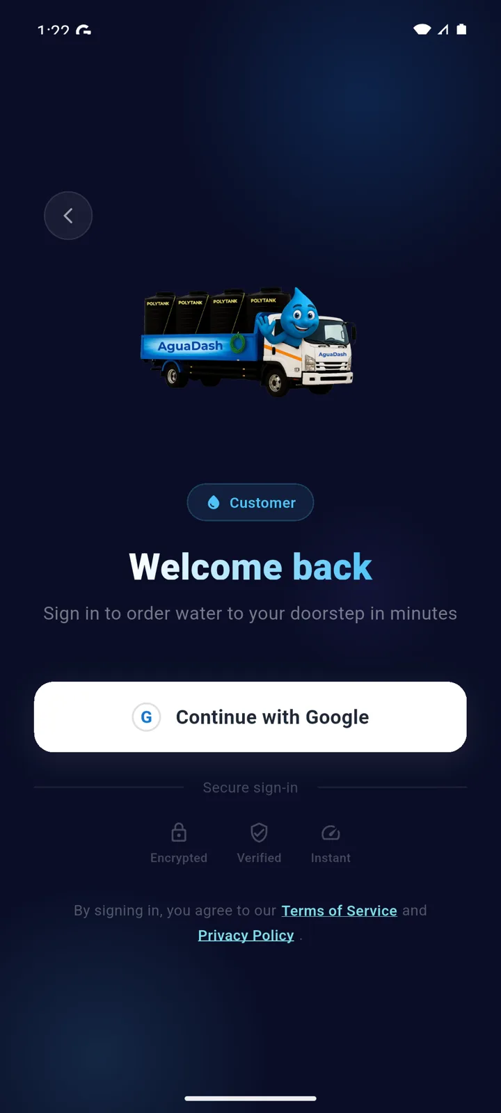 AguaDash customer sign-in screen with Continue with Google