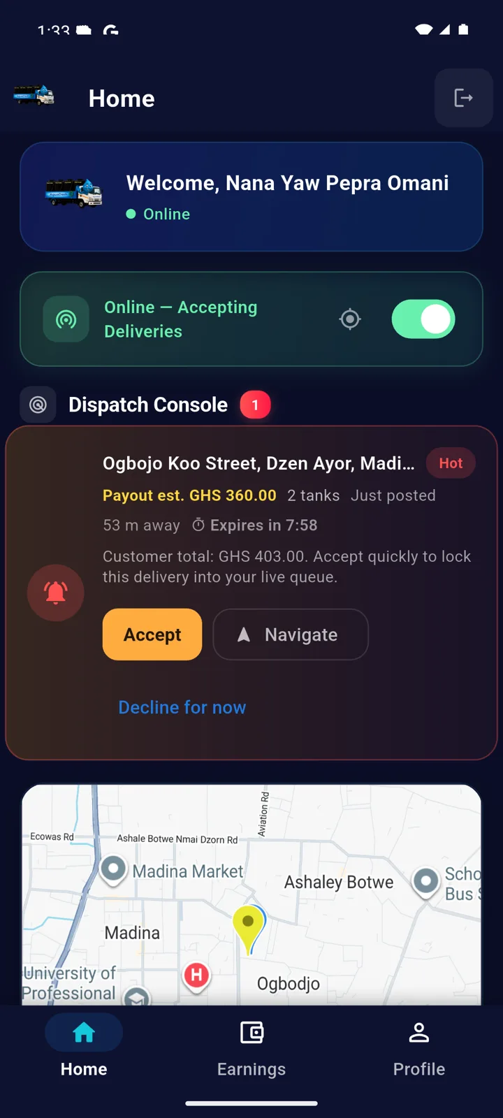 AguaDash driver dispatch console with a hot delivery offer and Accept button