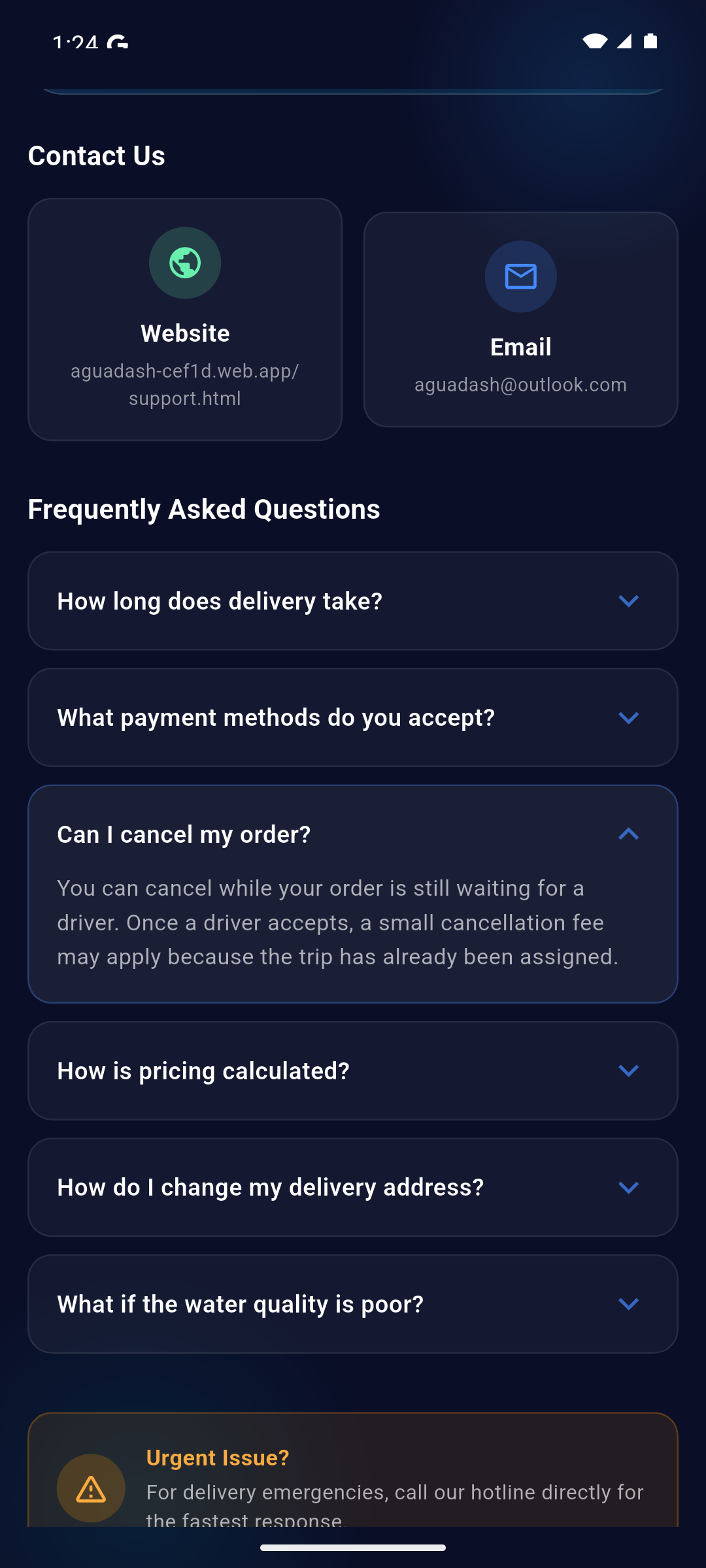 AguaDash in-app Help & Support screen with Chat with Support button and FAQ list