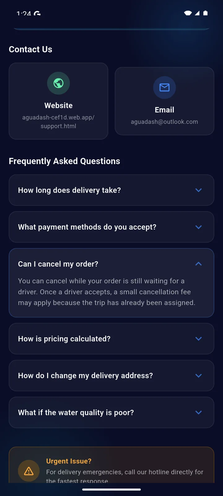 AguaDash in-app Help & Support screen with Chat with Support button and FAQ list