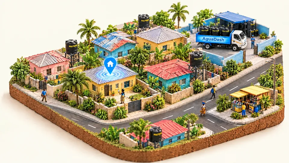 Miniature Accra neighbourhood with a location pin over a yellow house