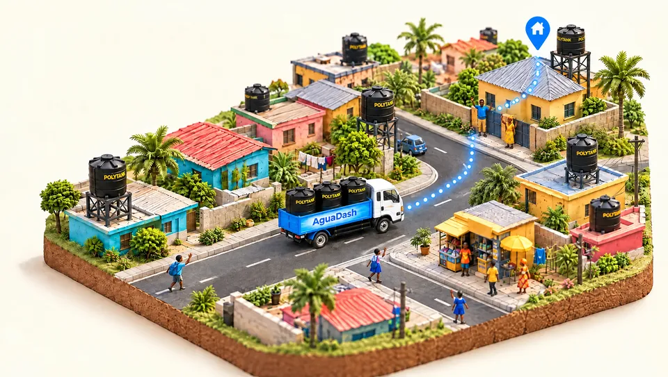 Miniature delivery truck moving along a street toward the house pin